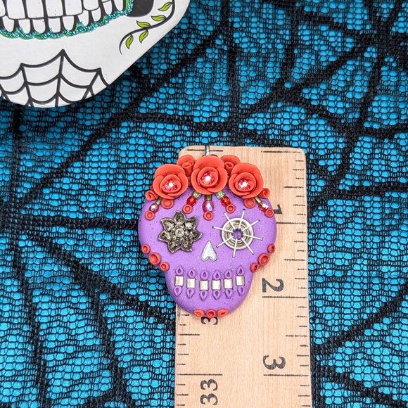 Artisan Polymer Clay- Large Detailed Sugar Skull/Day of the Dead Pendant - Picture 4 of 4